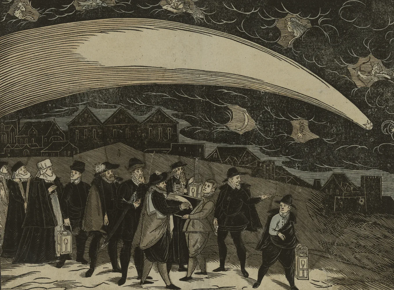 Historic engraving of the Great Comet of 1577 above Prague, with a long tail crossing the sky